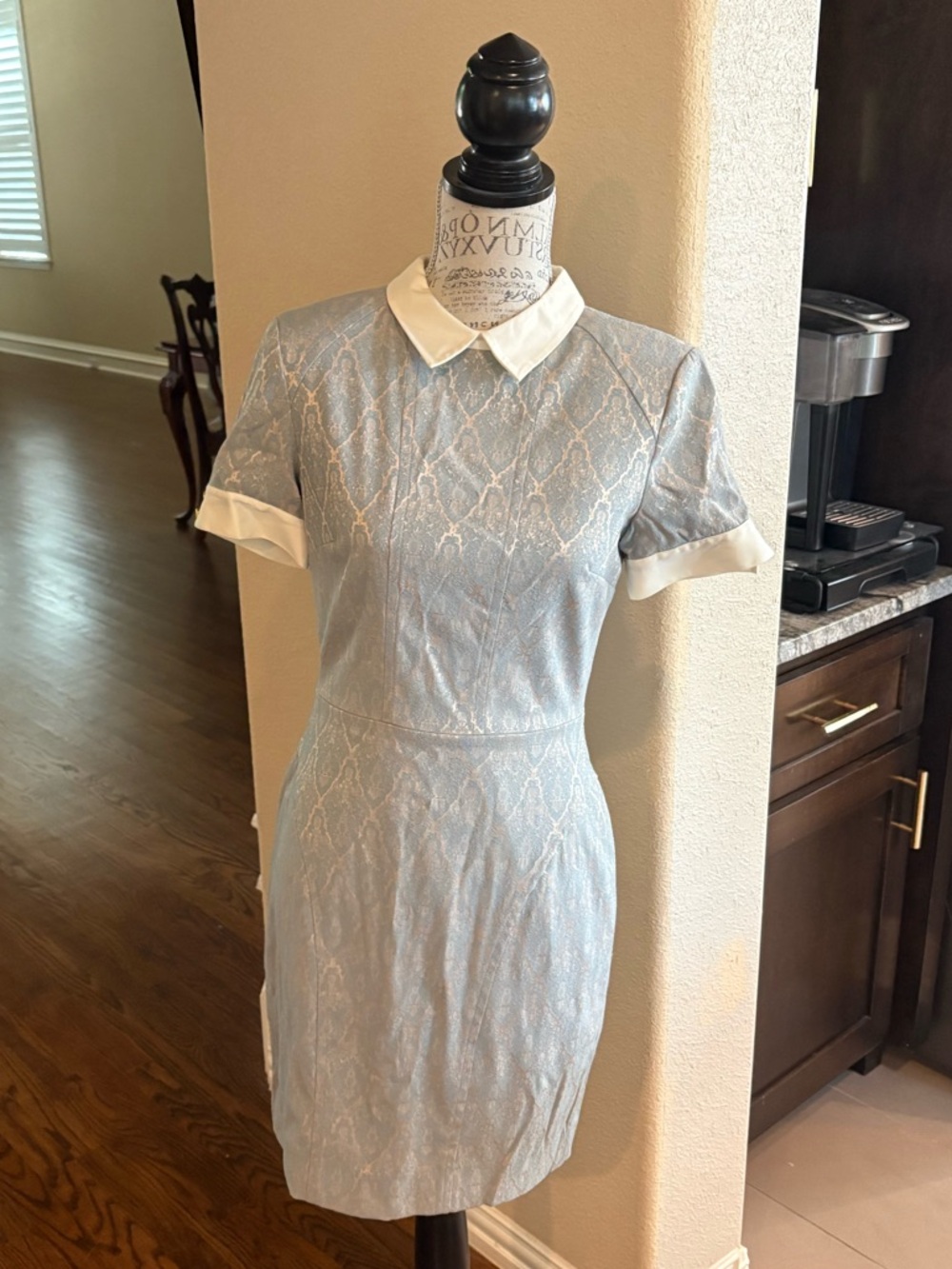 CYNTHIA STEFFE Light Blue Lace-Texture Short Sleeve Dress with White Collar